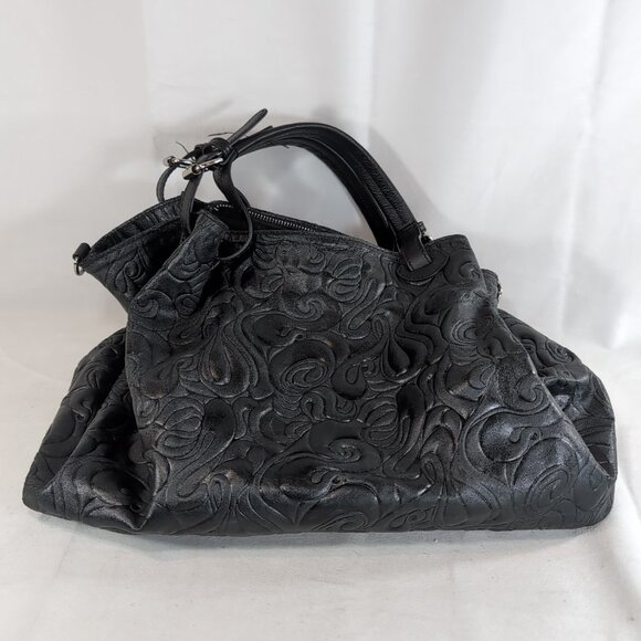 Isadora Italy Tooled Leather Purse Black Large Shoulder Bag Tote Swirls MSRP$425 - Picture 15 of 16